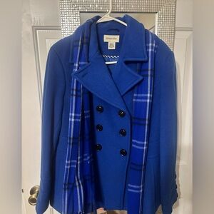 St. John's Bay Royal Blue Double-Breasted Pea Coat with Plaid Scarf